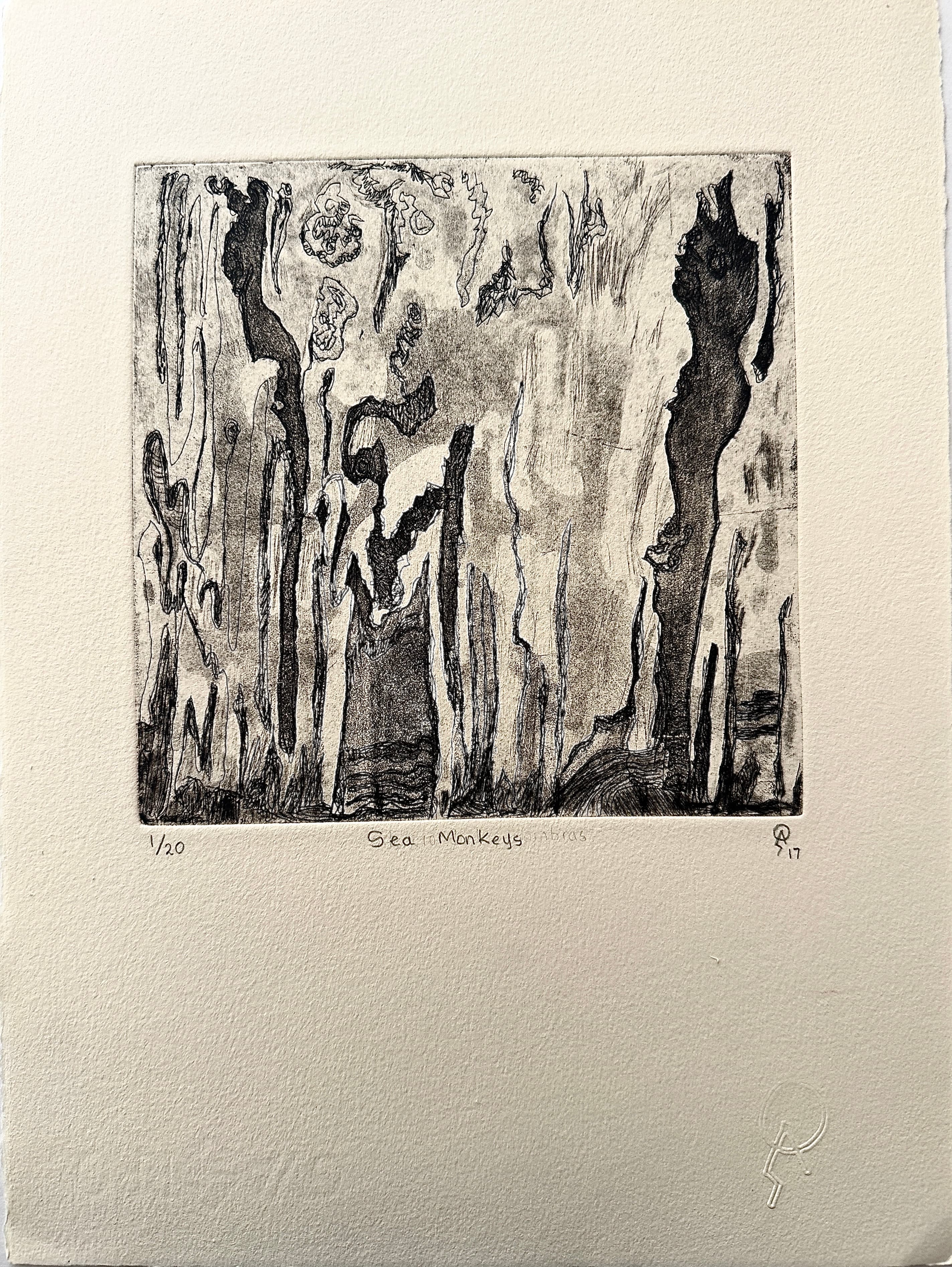 Sea monkeys by Patricia Arriola, Aguafuerte, aguatinta punta seca / papel de algodón Guarro Super Alfa. 1/20, 2017