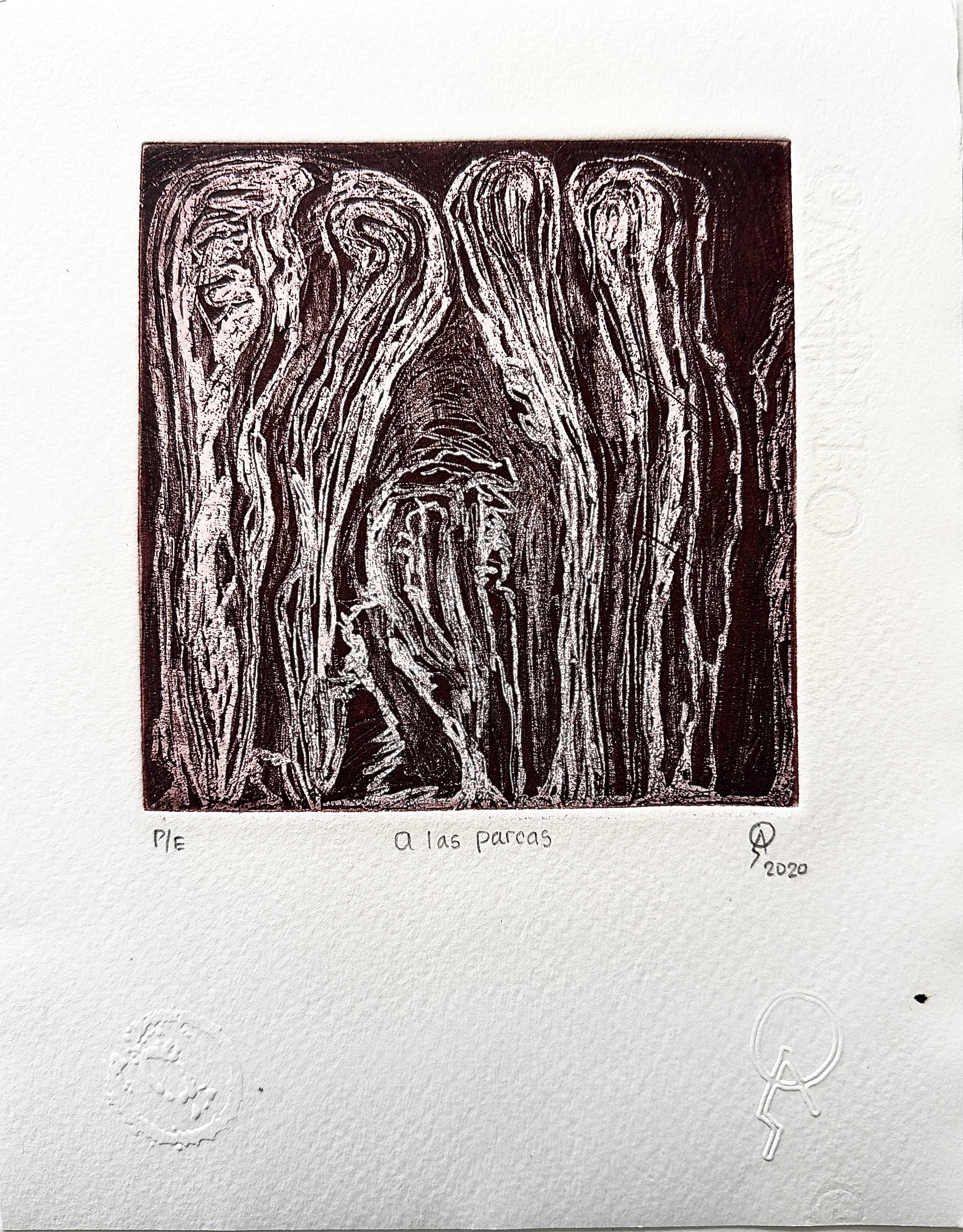 A las parcas by Patricia Arriola, Aguafuerte, aguatinta / papel de algodón Fabriano, 2020