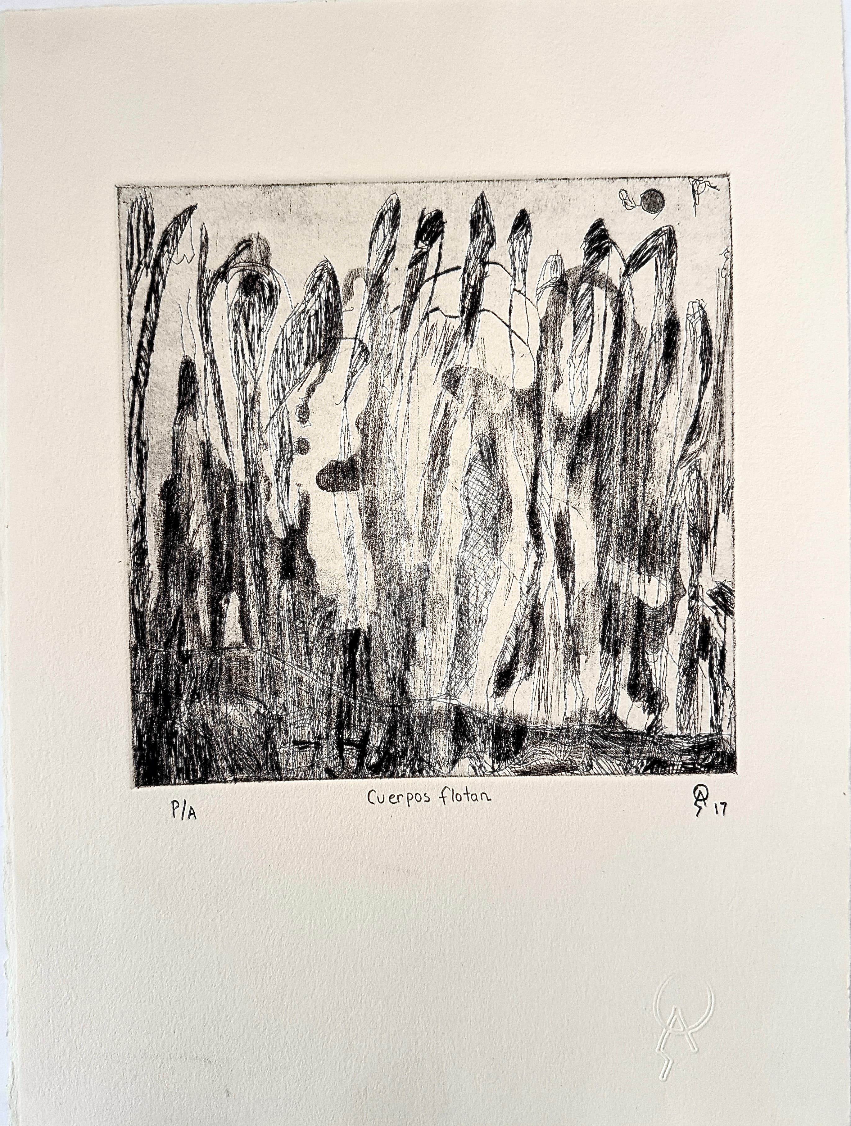 Cuerpos flotan by Patricia Arriola, Punta seca, ácido directo / papel de algodón Guarro Super Alfa. P/A, 2017