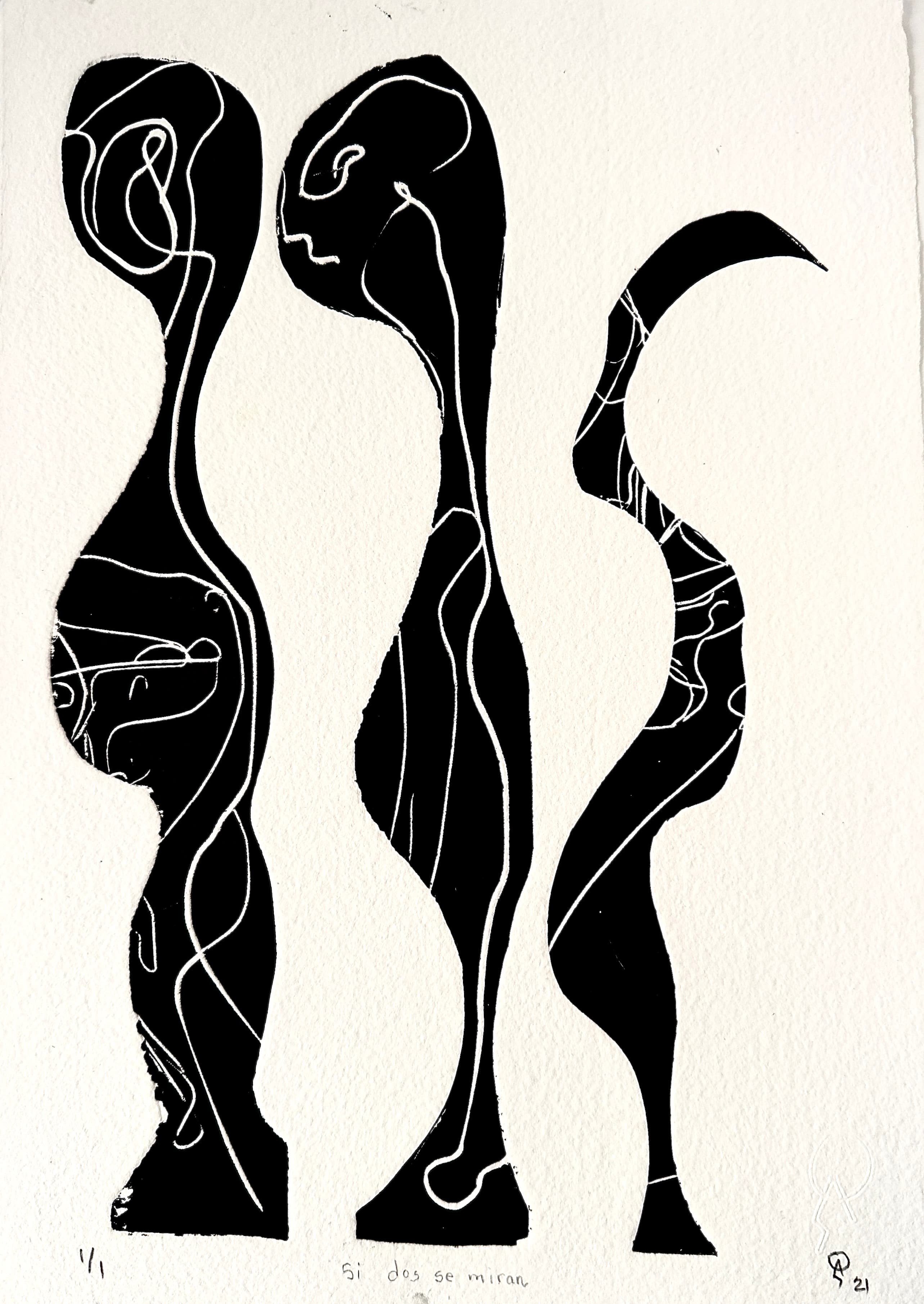 Si dos se miran by Patricia Arriola, Monotipo, linograbado / papel de algodón Ceiba Gráfica, 2021