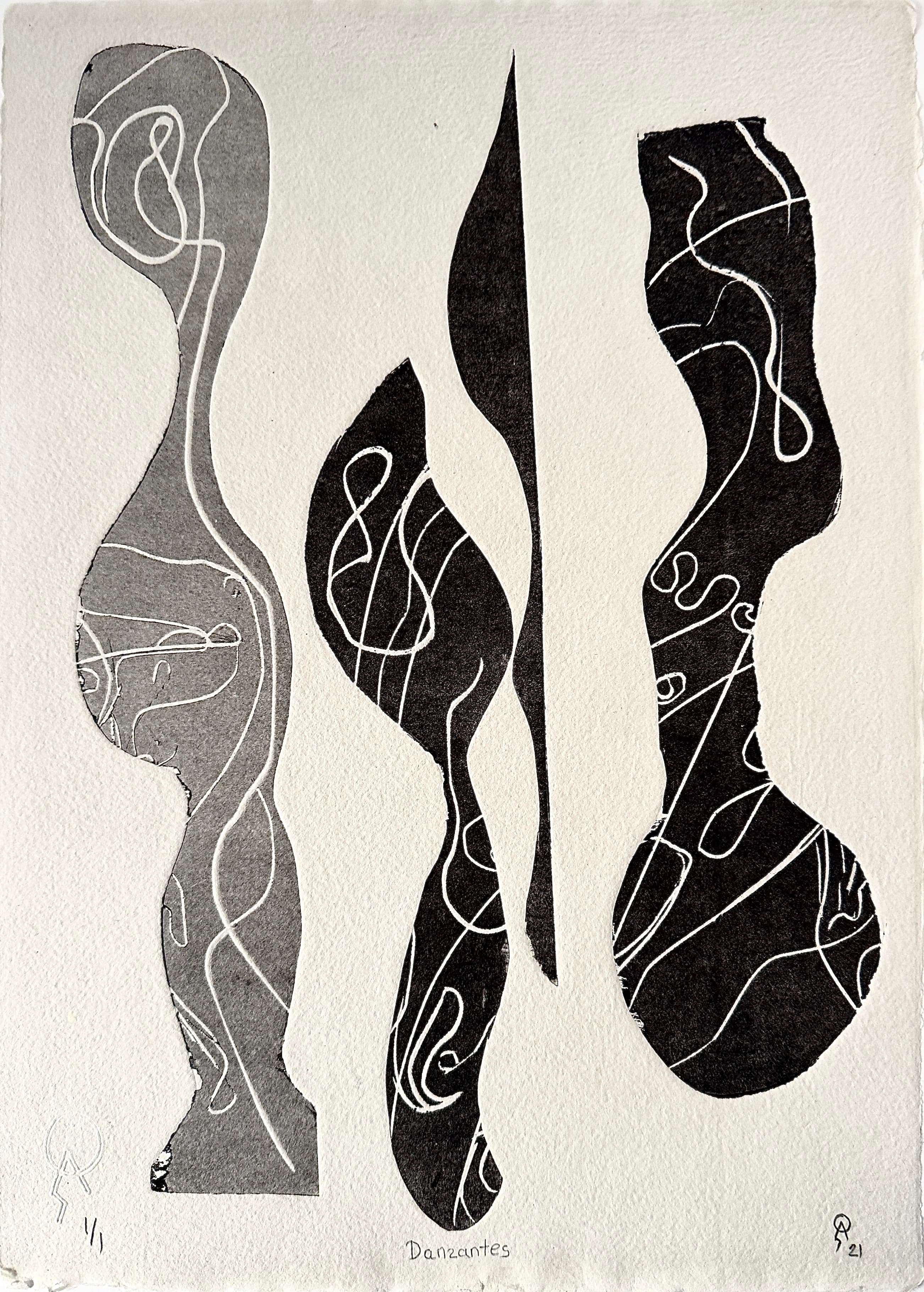 Danzantes by Patricia Arriola, Monotipo, linograbado / papel de algodón Ceiba Gráfica, 2021