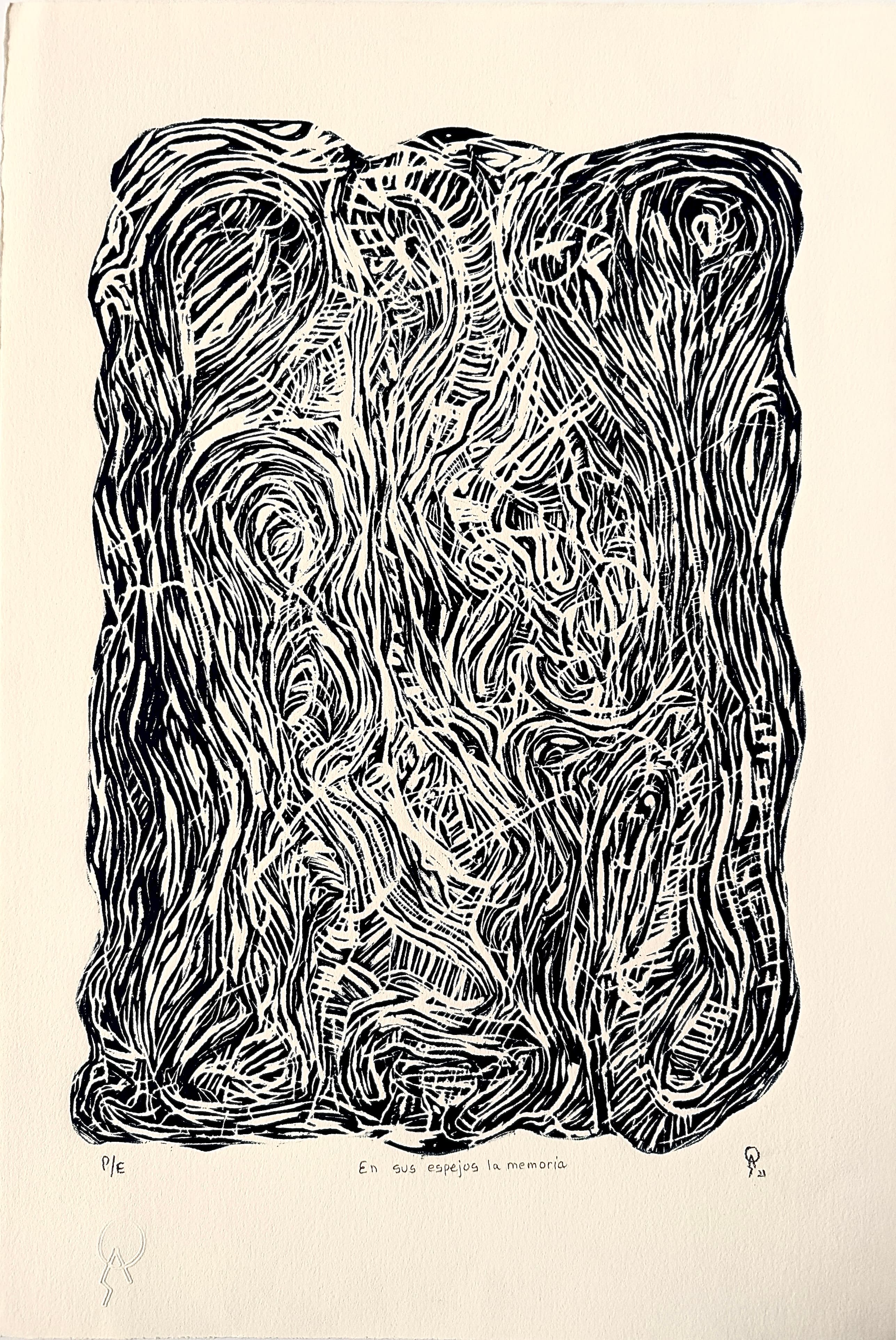 En sus espejos la memoria by Patricia Arriola, Placa perdida, linograbado / papel de algodón Guarro super Alfa, 2021