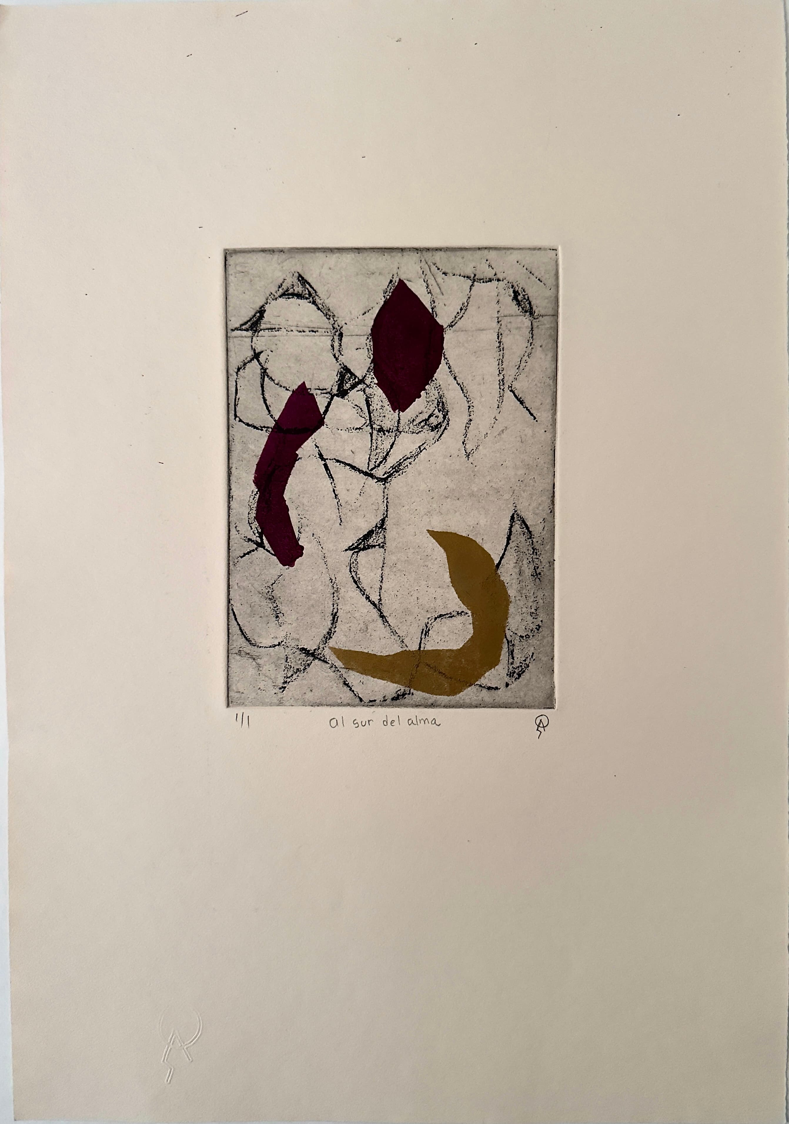 Al sur del alma by Patricia Arriola, Aguatinta, chinecollé / papel de algodón Fabriano rosaspina. 1/1, 2018