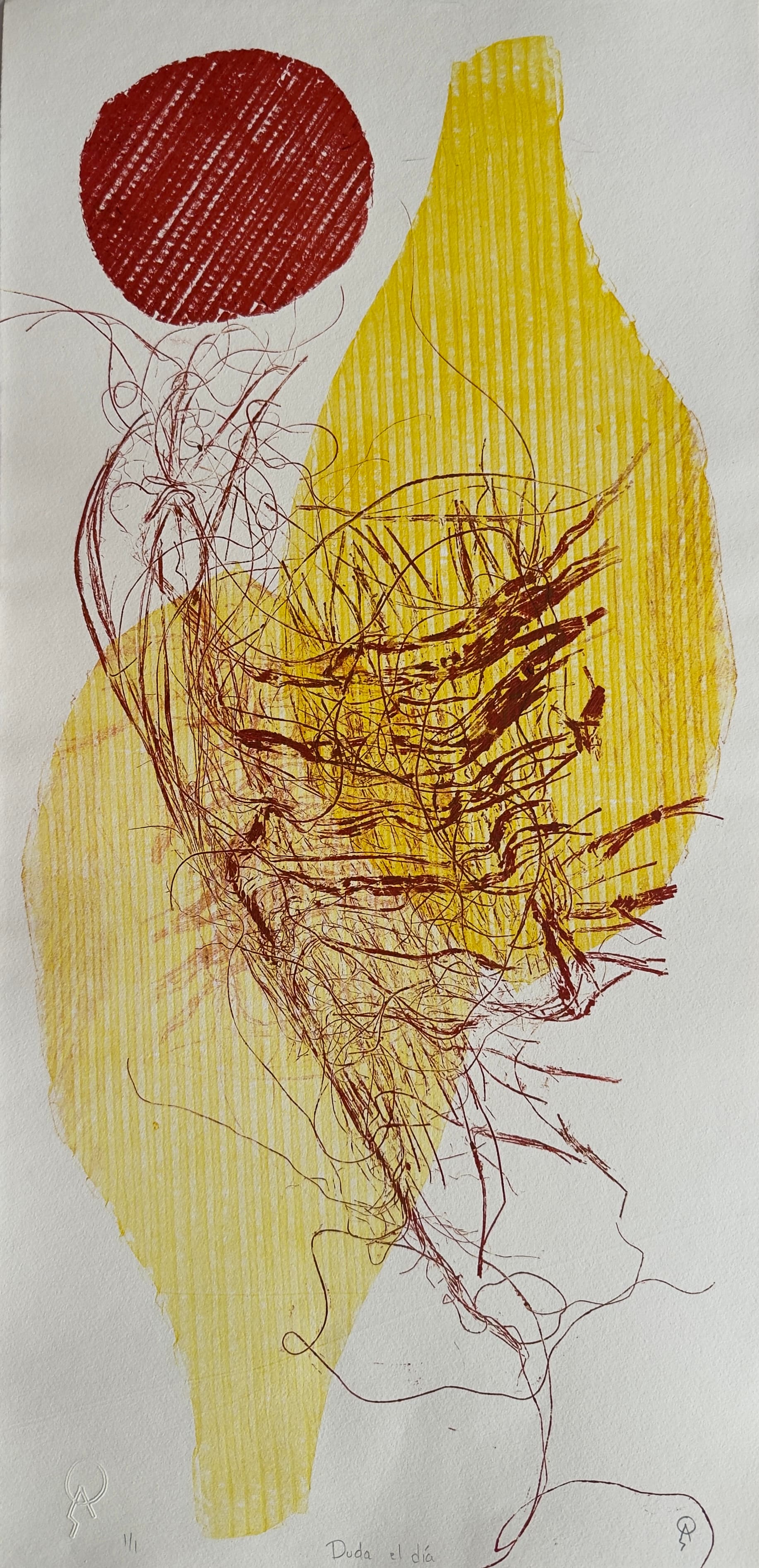 Duda el día II by Patricia Arriola, Monotipo, collage / papel de algodón Guarro Super Alfa, 2025